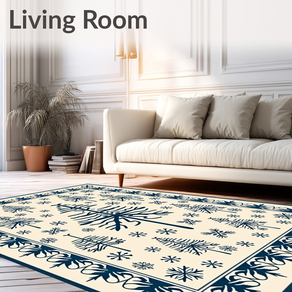 Navy Pine Tree Snowflake Pattern Rug