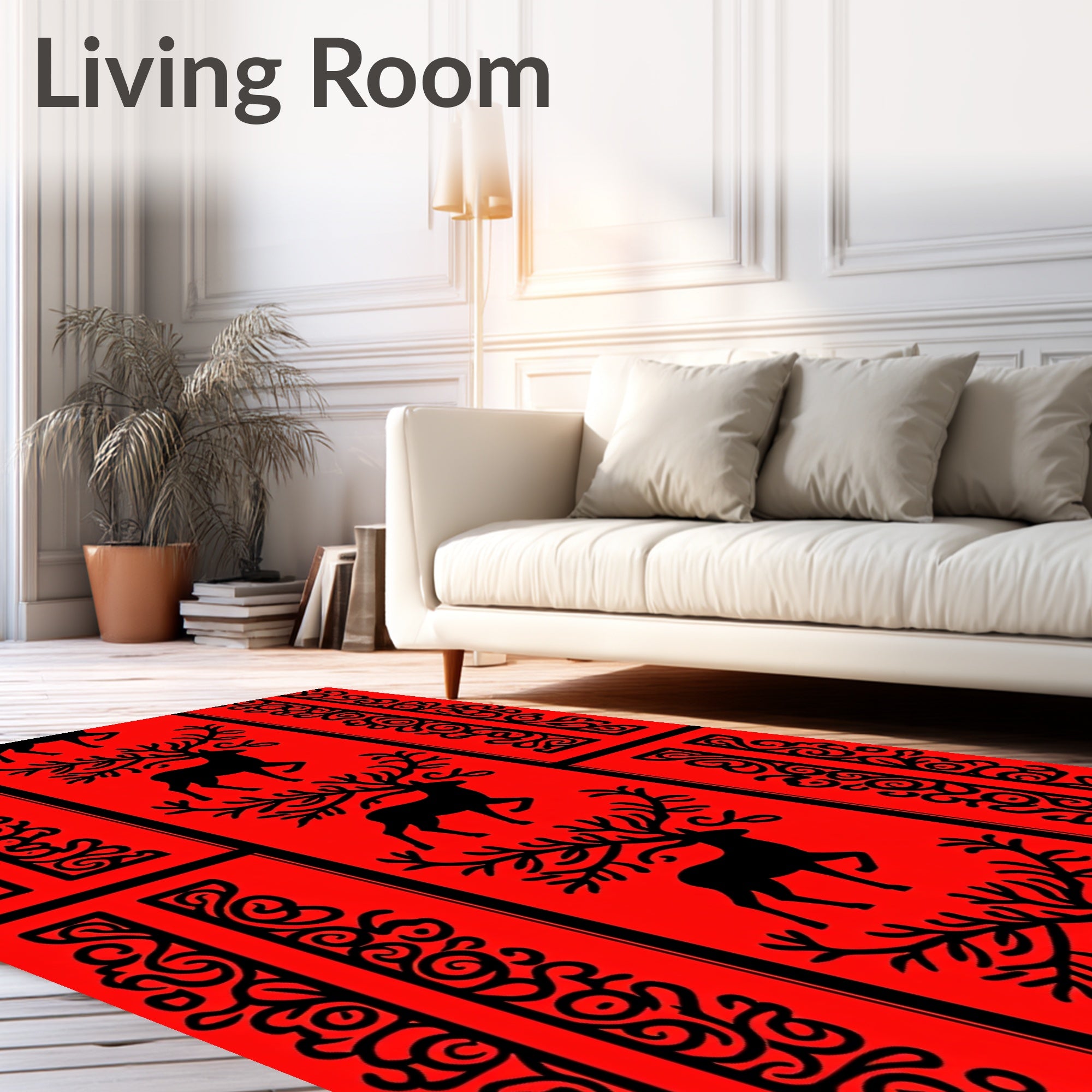 Red Black Deer Scroll Pattern Rug