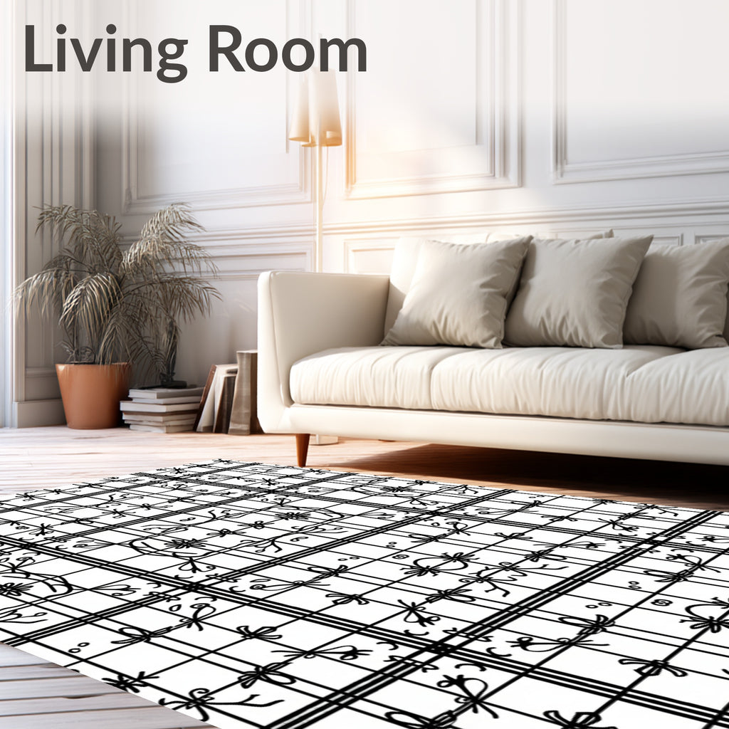 Black White Grid Floral Scroll Arrangement Rug