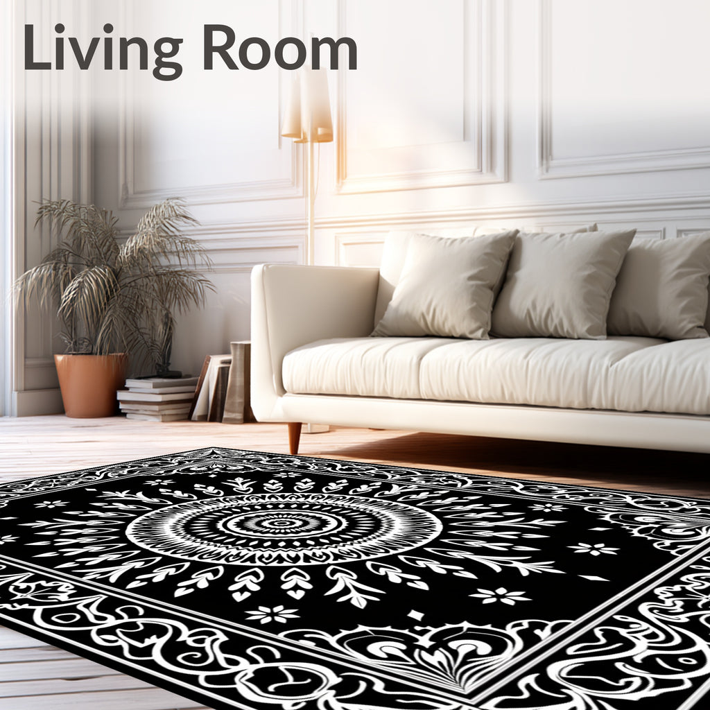 Bold Black White Mandala Pattern Rug