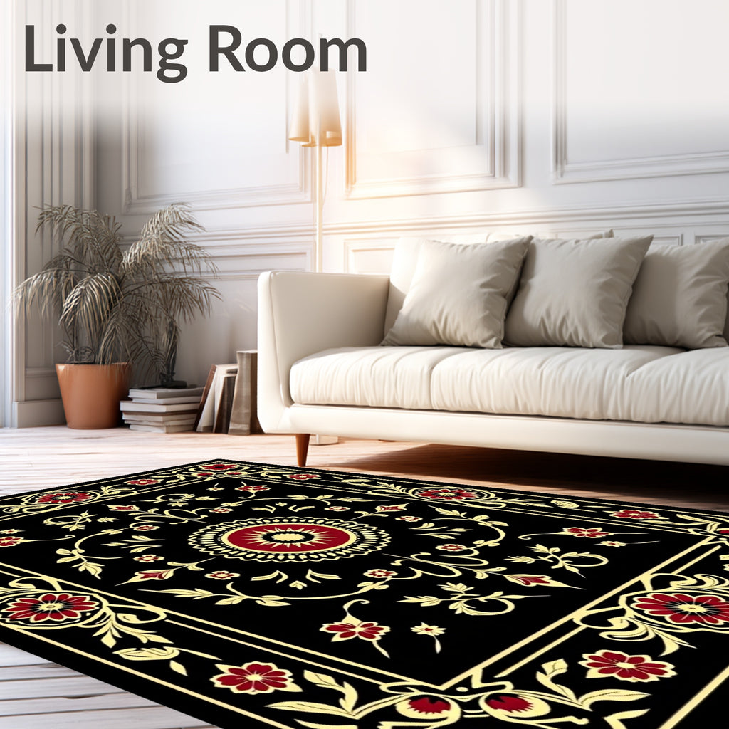 Red Floral And Golden Vine Design Rug