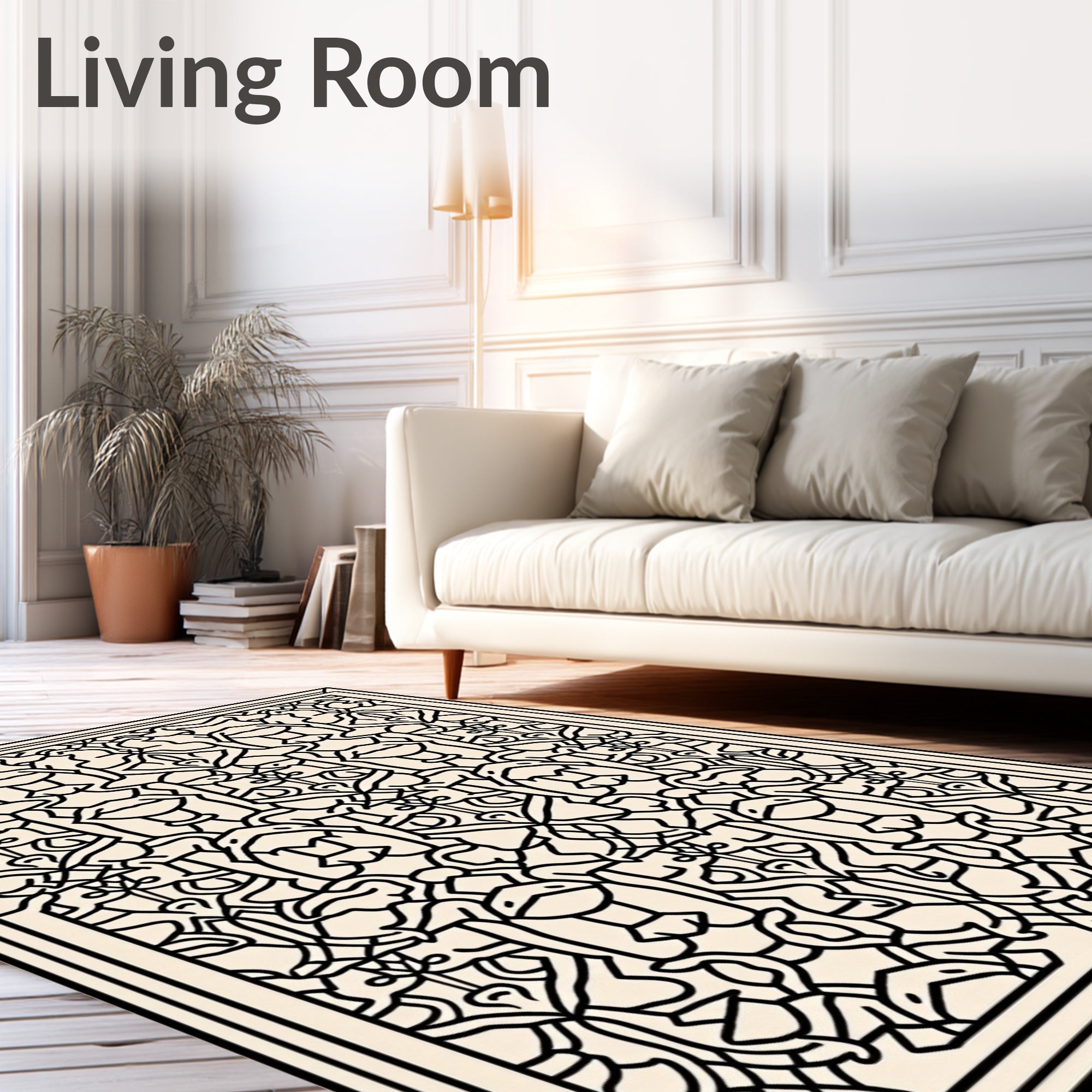 Intricate Linear Black Ivory Pattern Rug