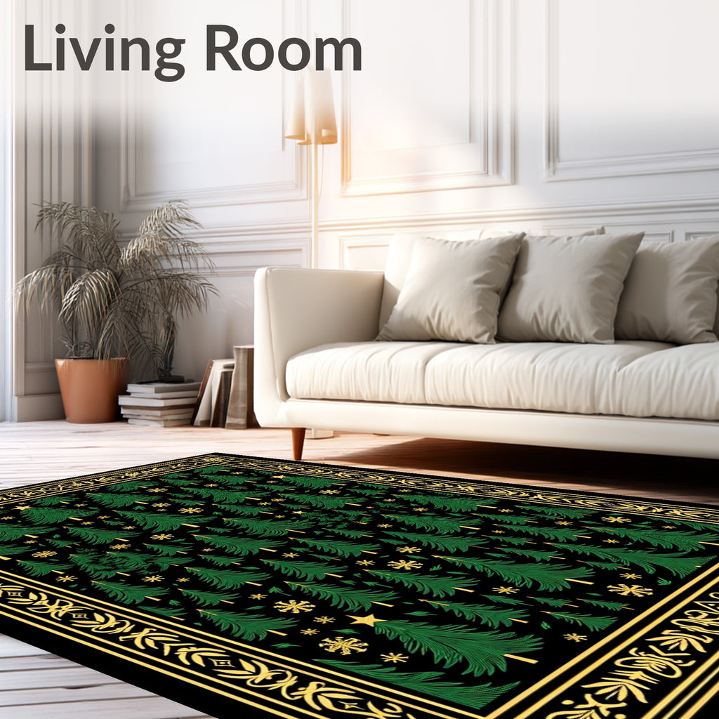 Elegant Green Pine Forest Stars Border Rug