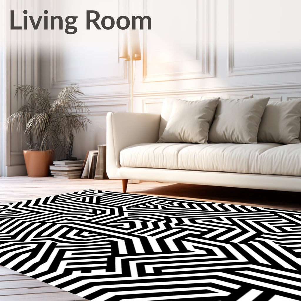 Black White Bold Labyrinth Pattern Rug