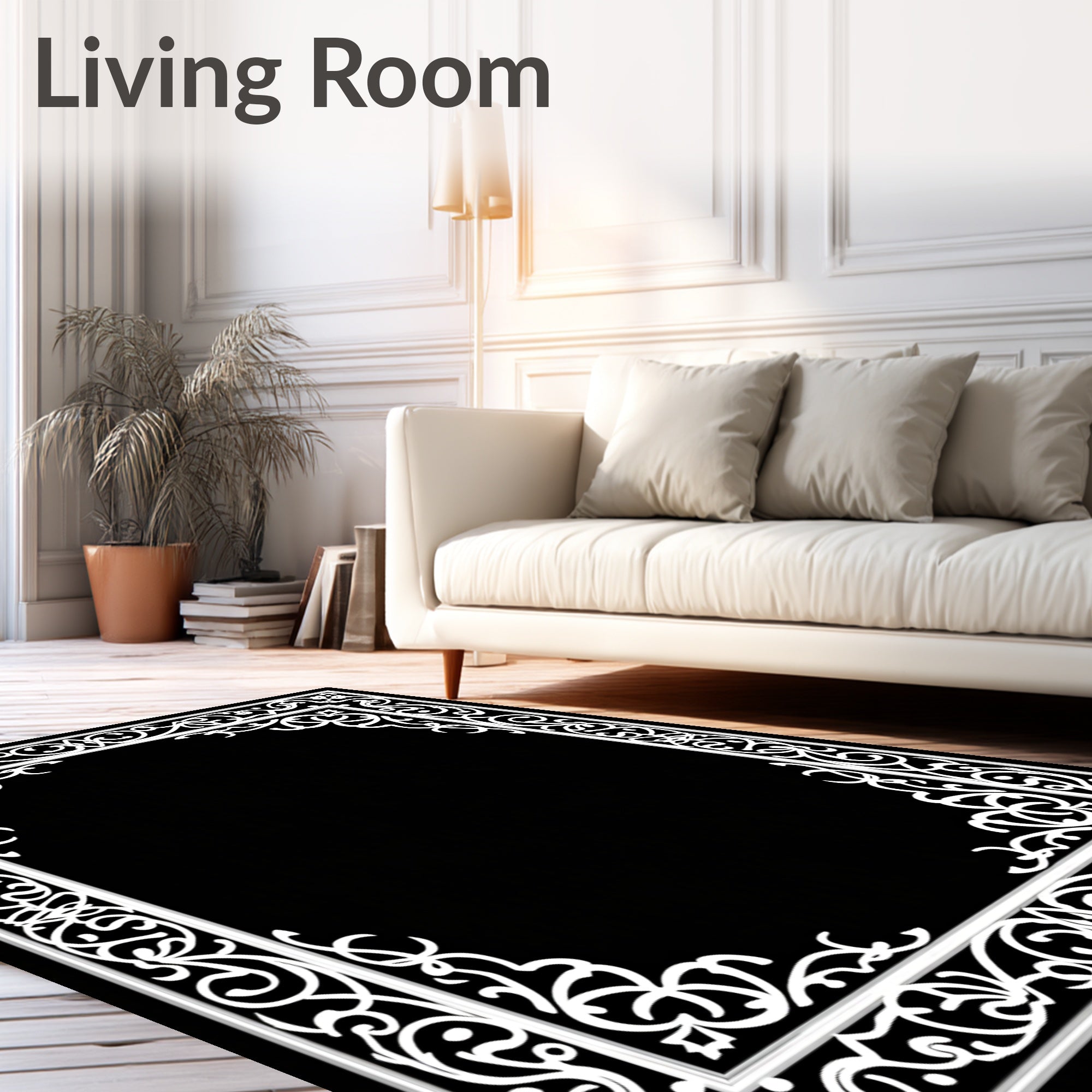 Ornate White Scrollwork Geometric Pattern Rug