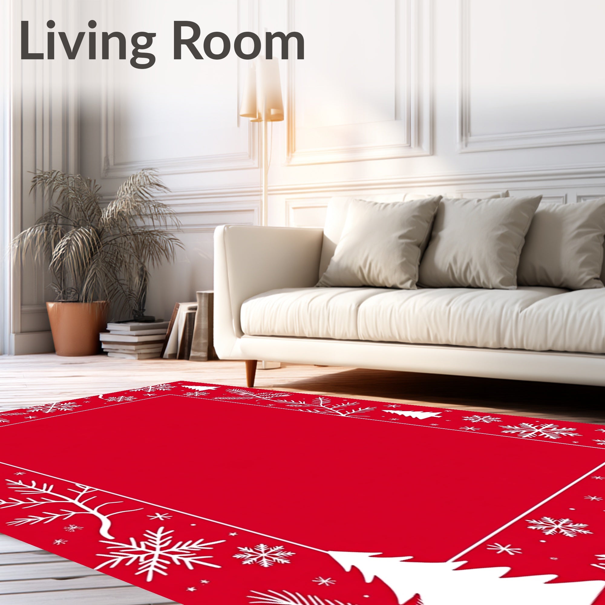 Festive Red White Snowflake Tree Pattern Rug