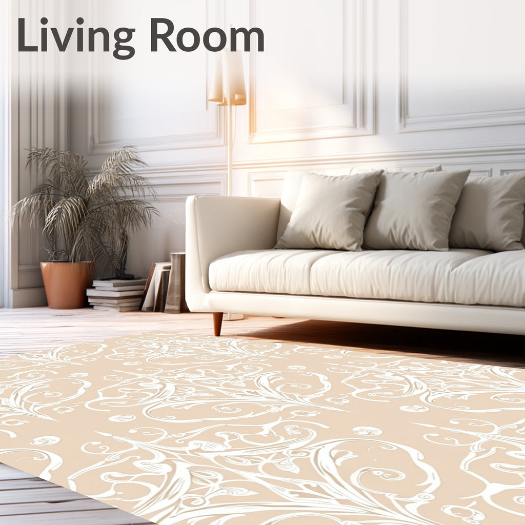White Filigree Damask On Beige Rug