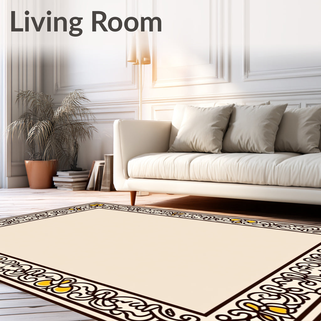 Ornate Yellow Floral Swirl Border Design Rug