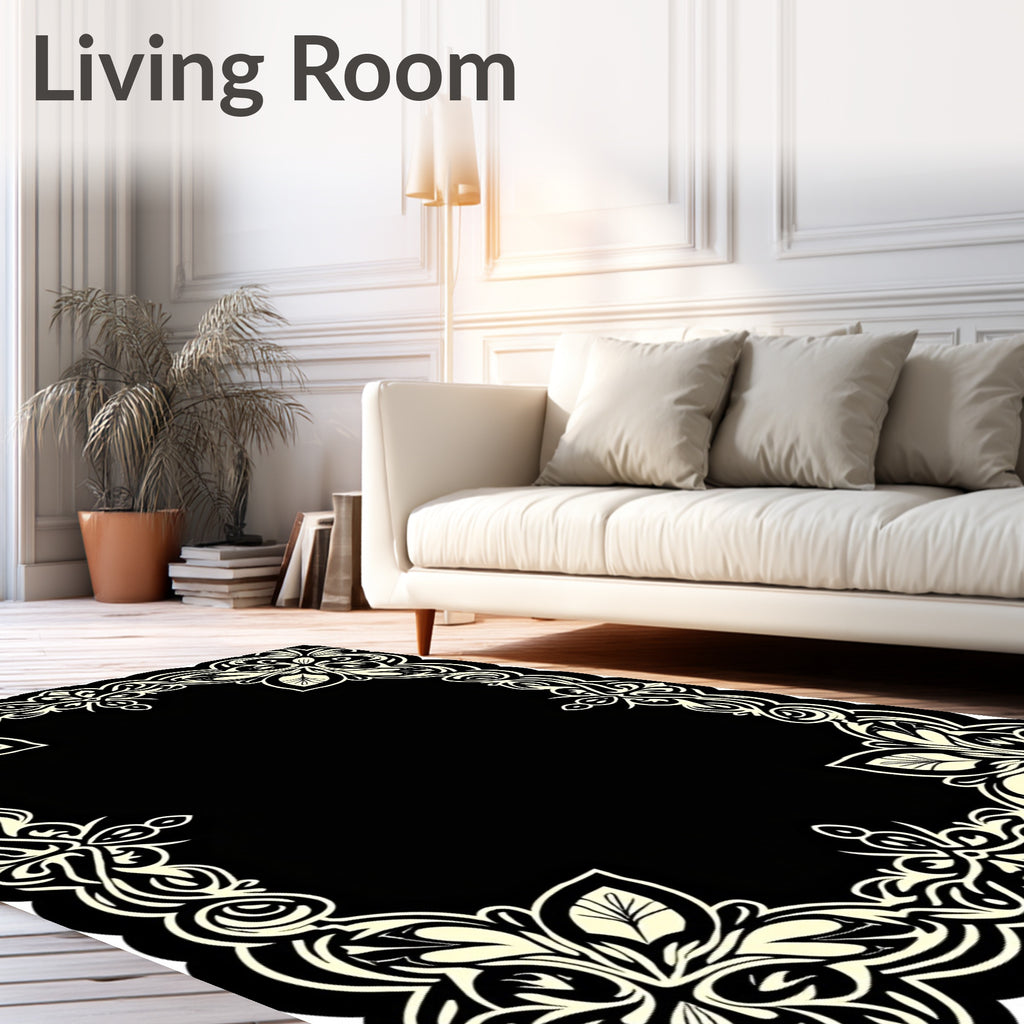 Elegant Black Floral Scroll Design Rug