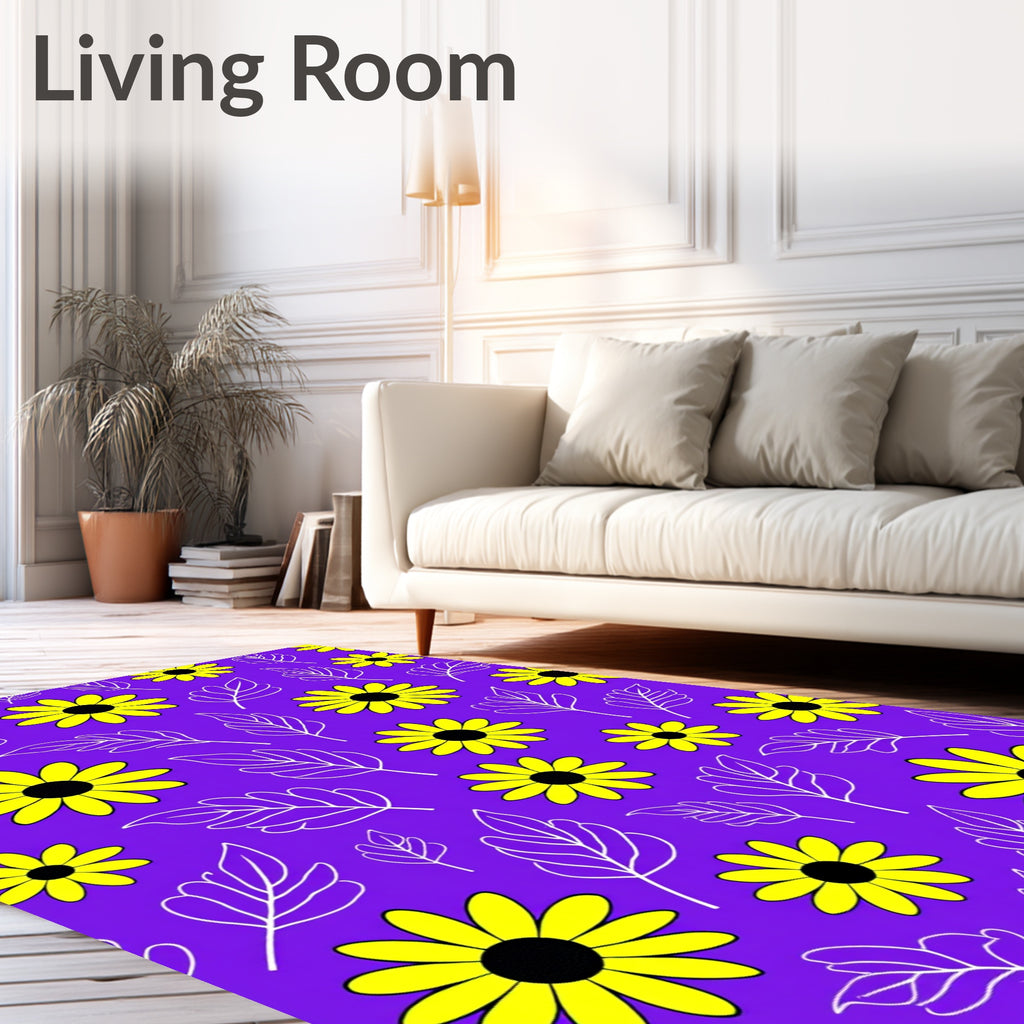 Vibrant Yellow Flower Leaf Pattern Rug