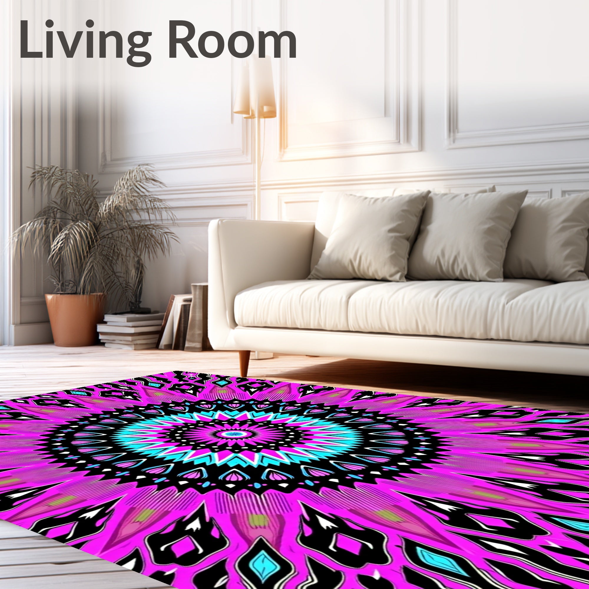 Vibrant Pink Cyan Geometric Mandala Rug