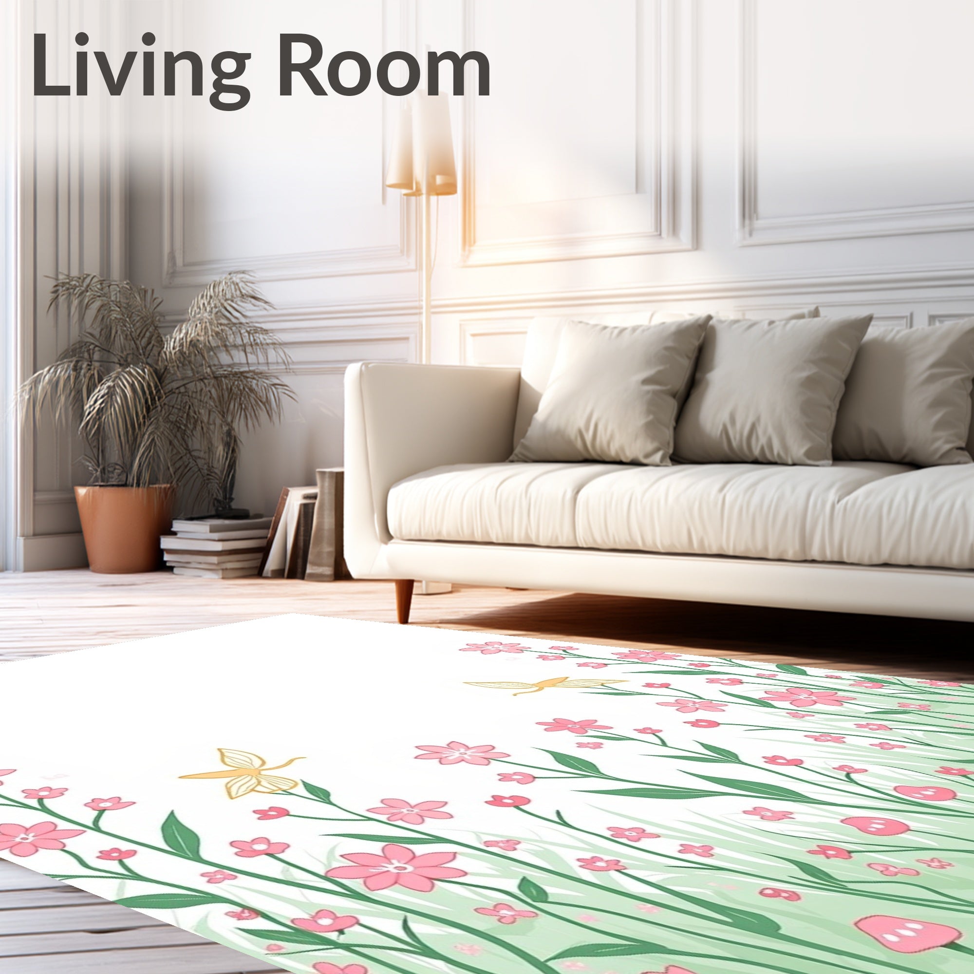 Whimsical Floral Meadow With Butterflies Rug