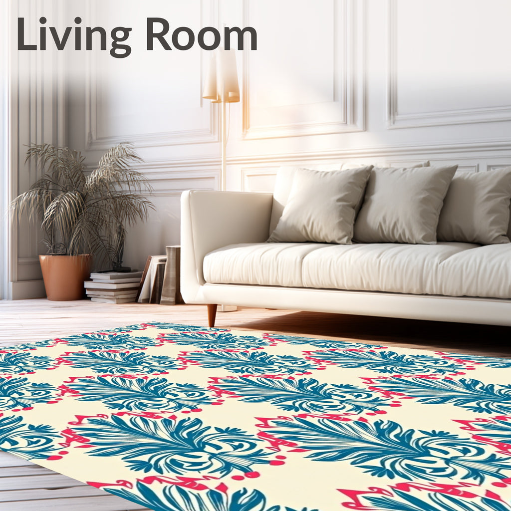 Teal Coral Floral Damask Pattern Rug