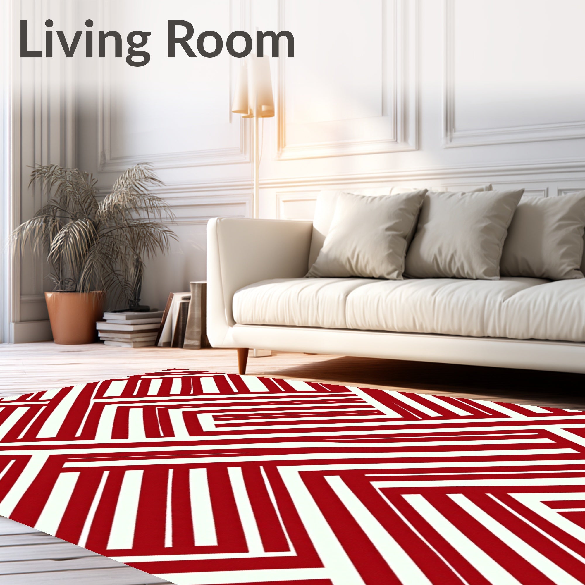 Bold Red White Interlocking Lines Design Rug