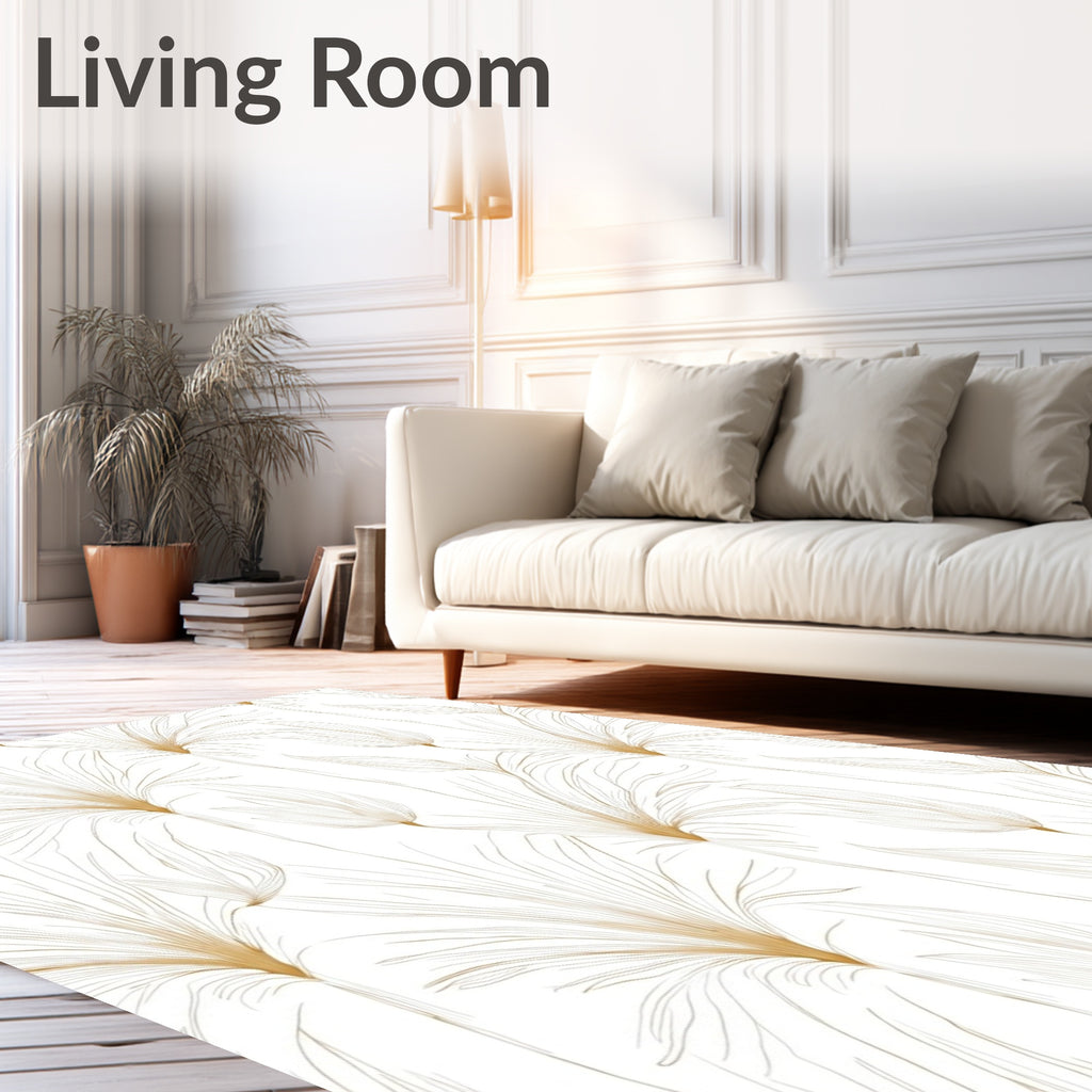 Elegant White Gold Feather Pattern Rug