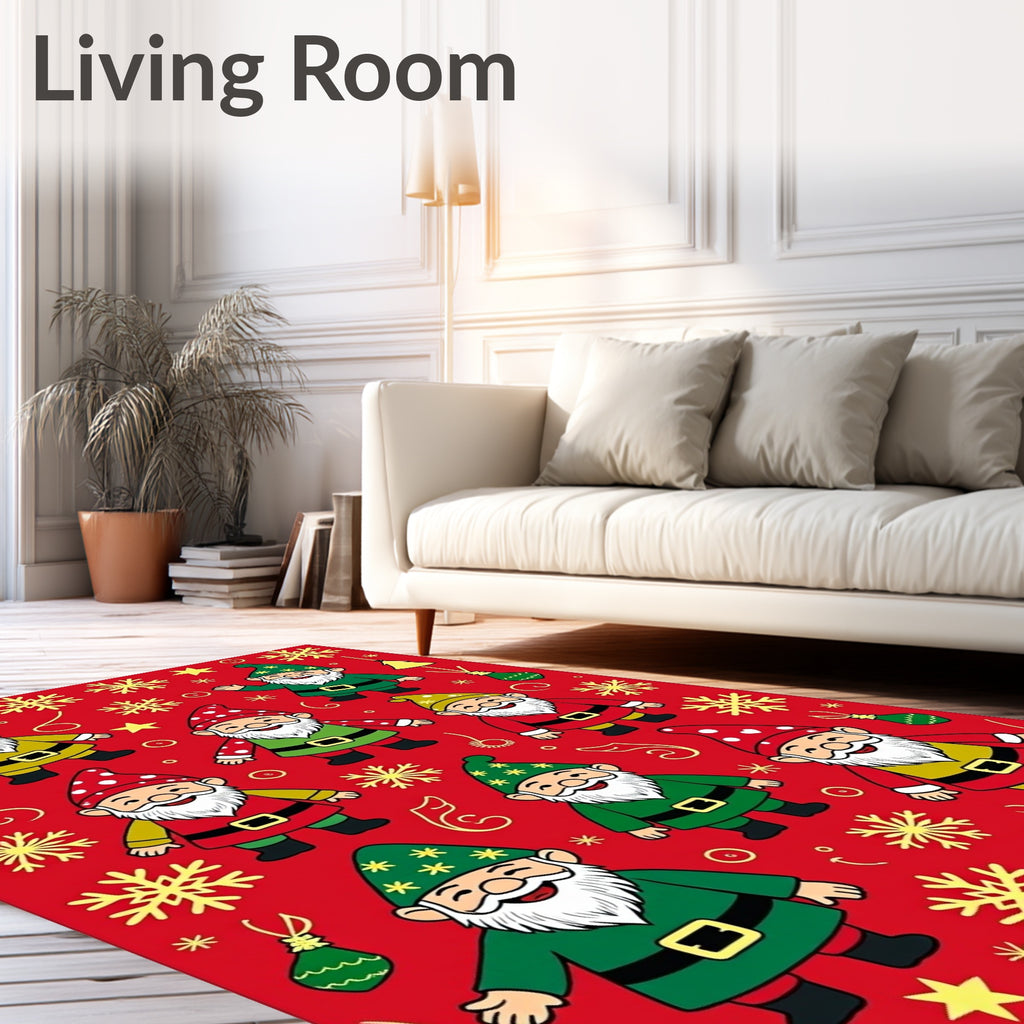 Whimsical Christmas Gnomes Snowflakes Red Rug