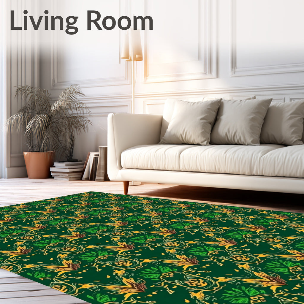 Ornate Green Gold Scarab Pattern Rug