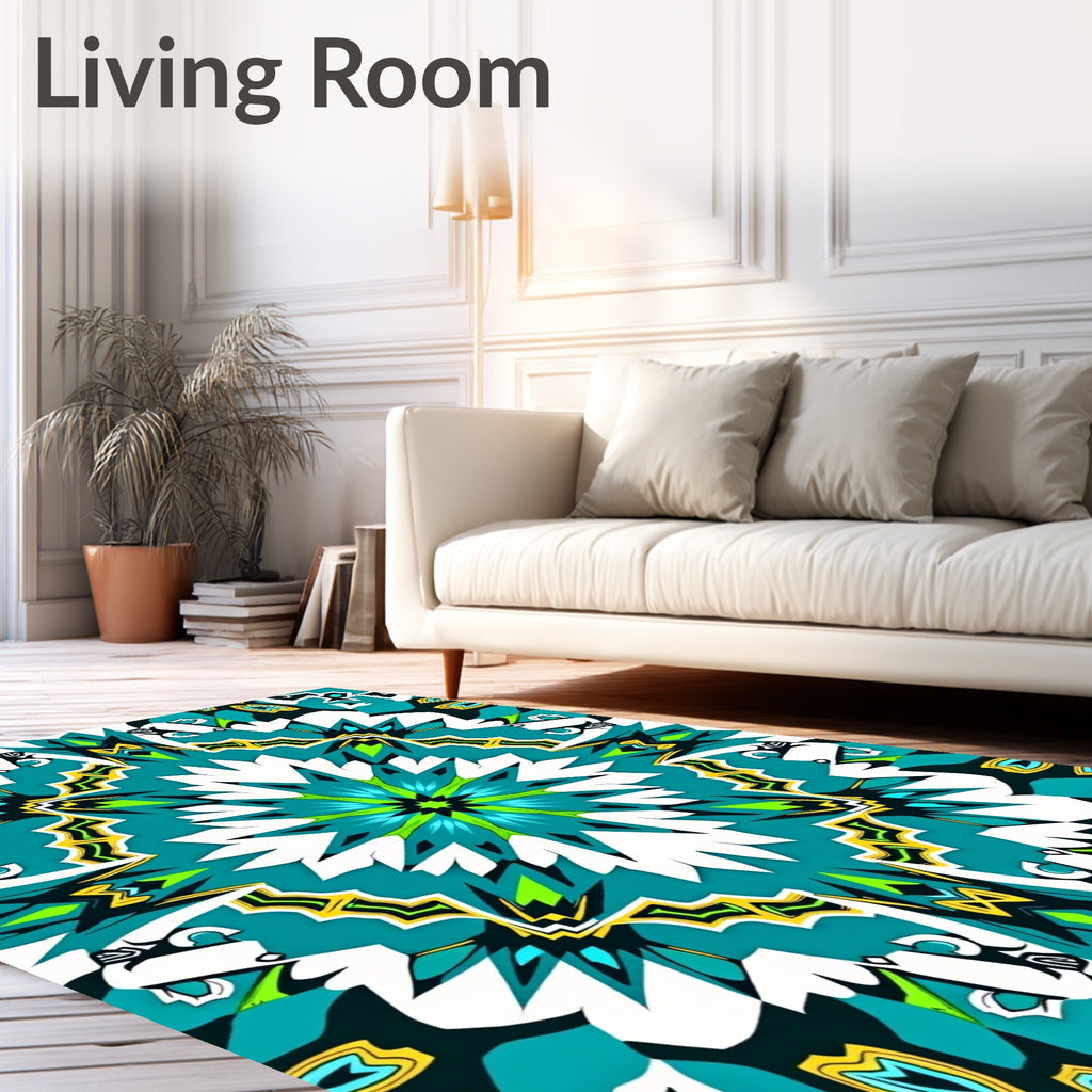 Abstract Teal Lime Geometric Kaleidoscopic Rug