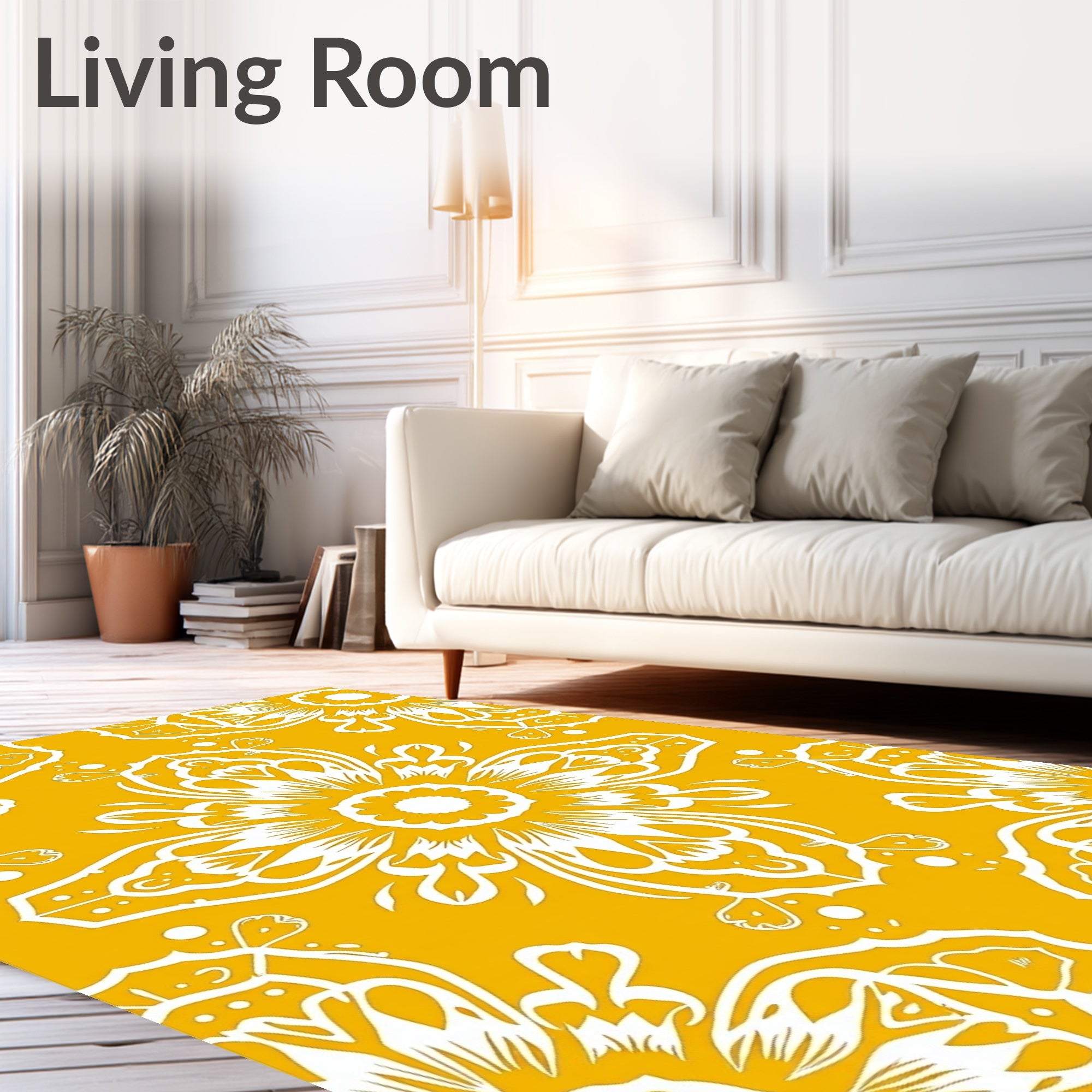 Gold White Floral Mandala Patterned Rug