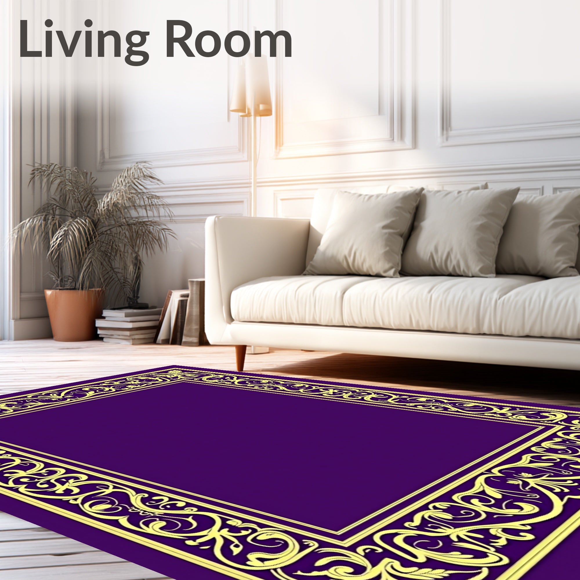 Ornate Yellow Floral Scrollwork Frame Rug