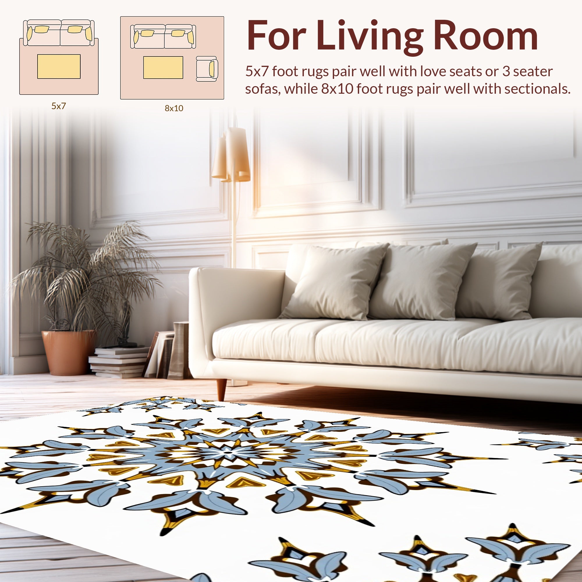 Intricate Blue Gold Floral Mandala Pattern Rug