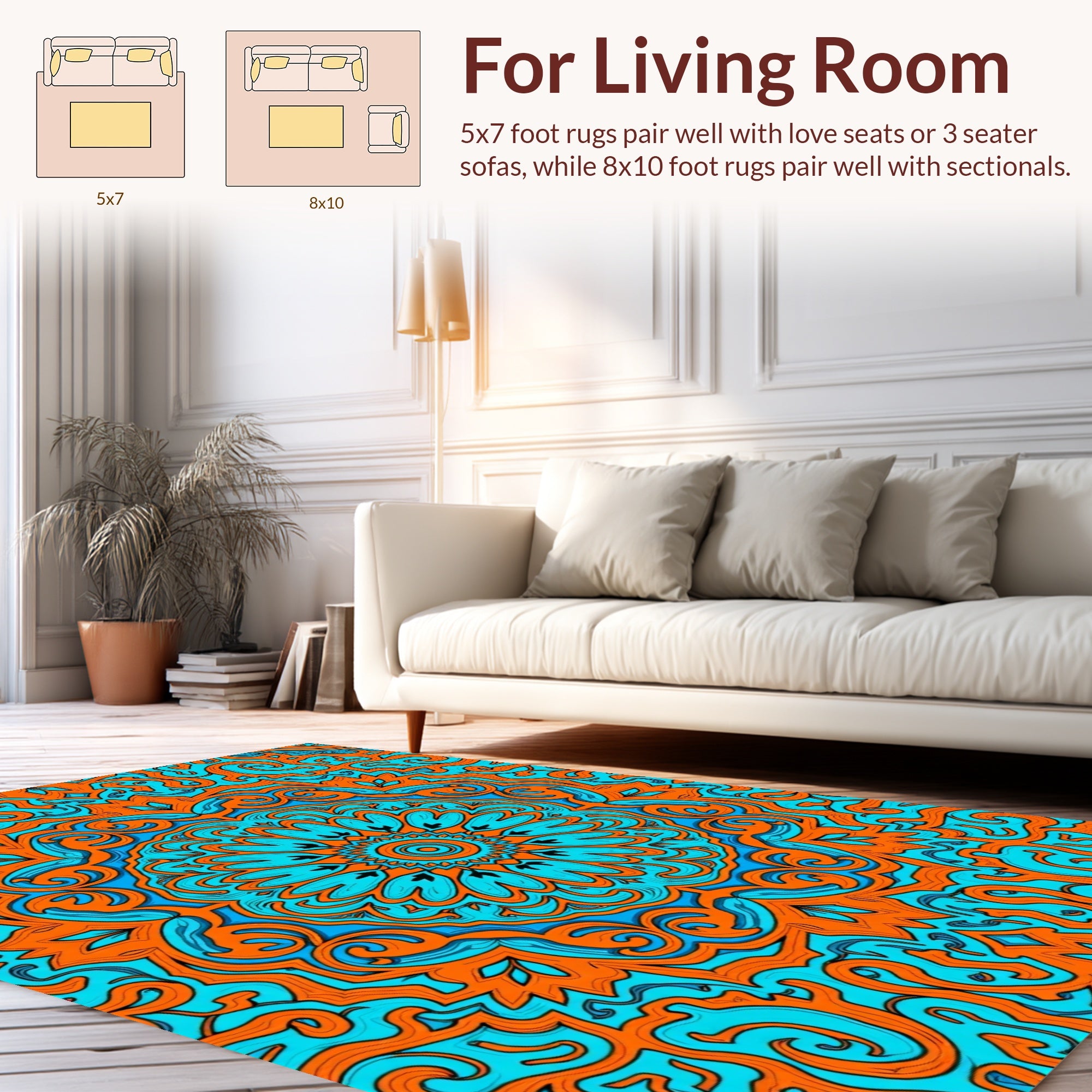 Bright Orange Cyan Mandala Pattern Rug