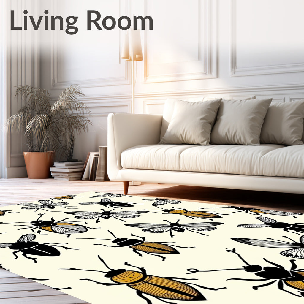 Illustrated Insect Pattern In Black and Gold Rug