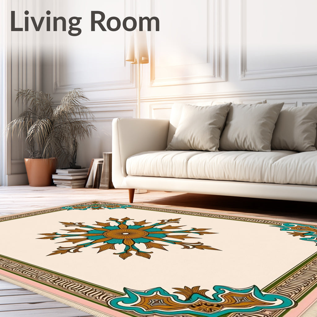 Gold Teal Elaborate Medallion Corner Rug