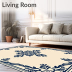 Navy Blue Floral Scrollwork Pattern Rug