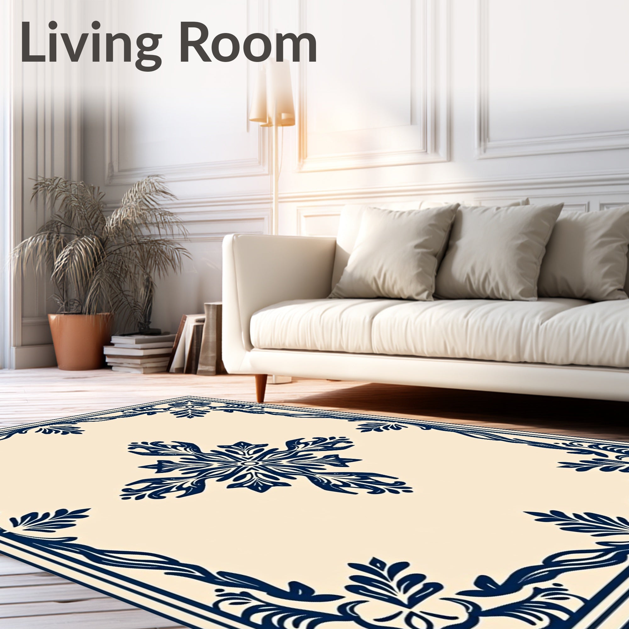 Navy Blue Floral Scrollwork Pattern Rug