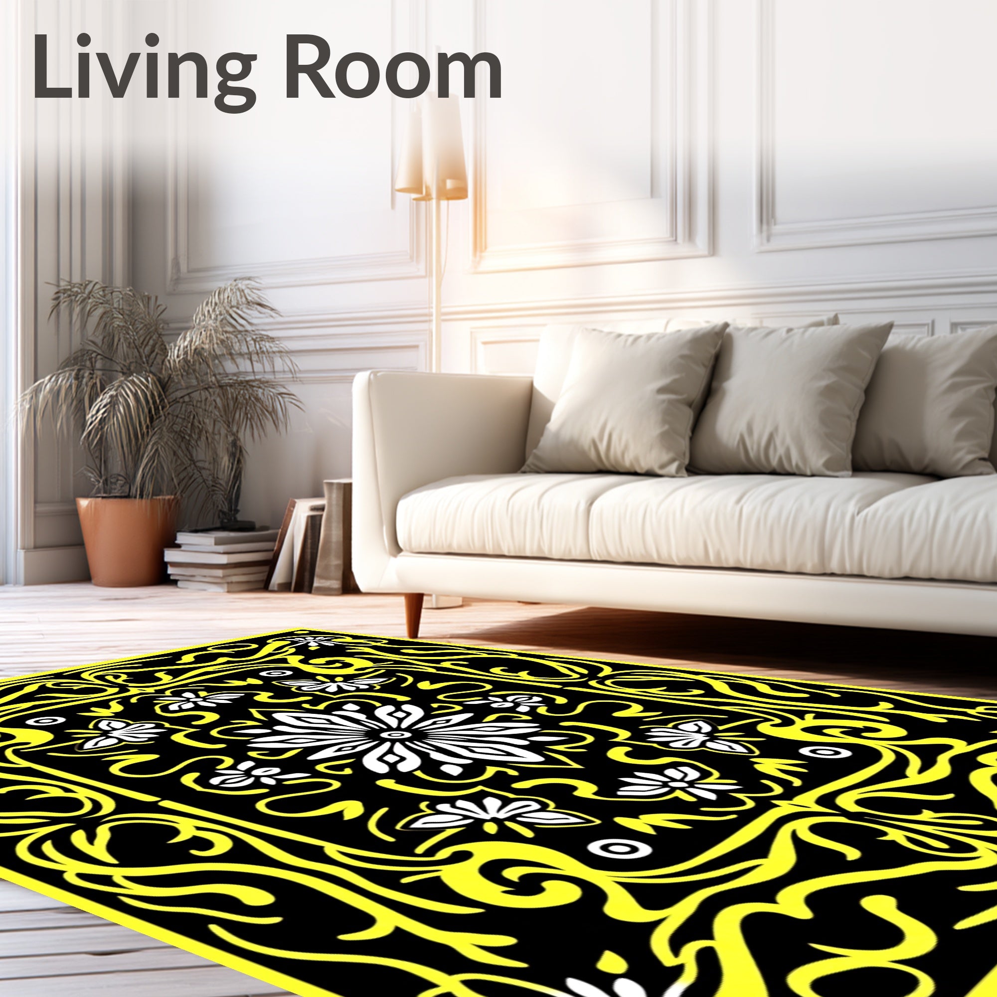 Bold Yellow Floral And Butterfly Pattern Rug