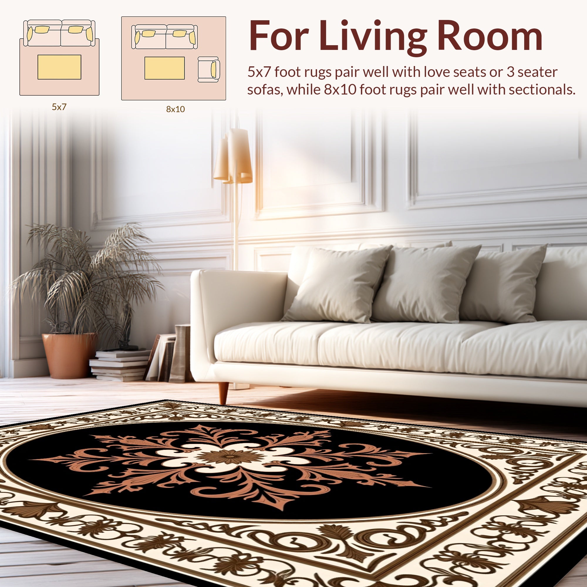 Rich Black Floral Ornament Pattern Rug