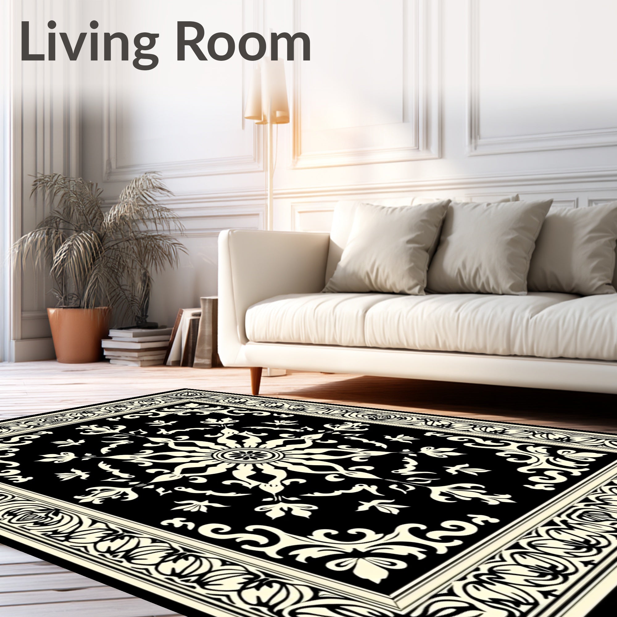 Elegant Floral Mandala Black Cream Rug