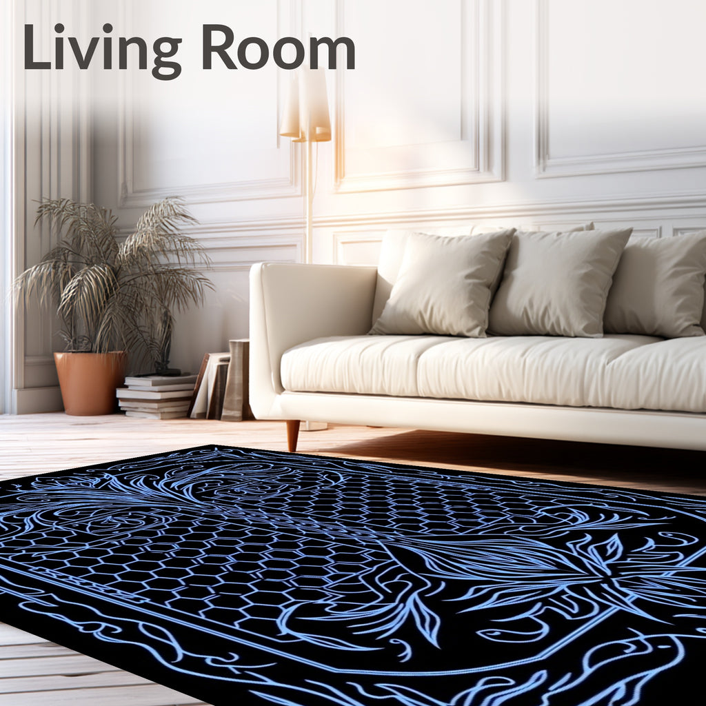 Intricate Blue Floral Hexagonal Design Rug