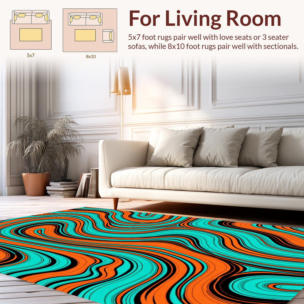 Vibrant Wavy Orange Teal Stripe Pattern Rug