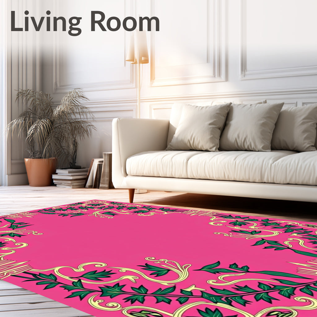 Vibrant Pink Green Floral Vine Border Rug