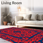 Ornate Red Blue Floral Scrollwork Rug