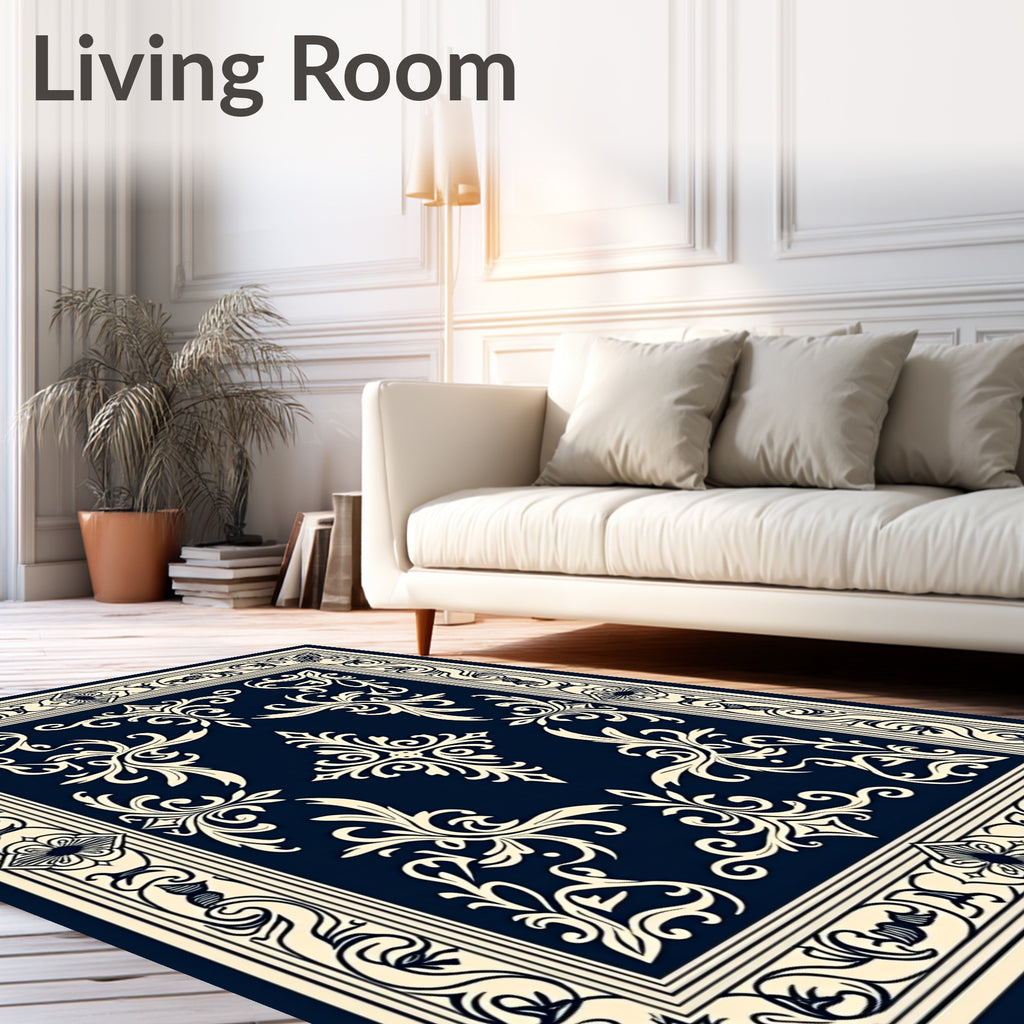 Elegant Dark Blue Floral Scroll Border Rug