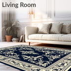 Elegant Dark Blue Floral Scroll Border Rug