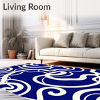 Bold Cream Swirls Deep Blue Pattern Rug