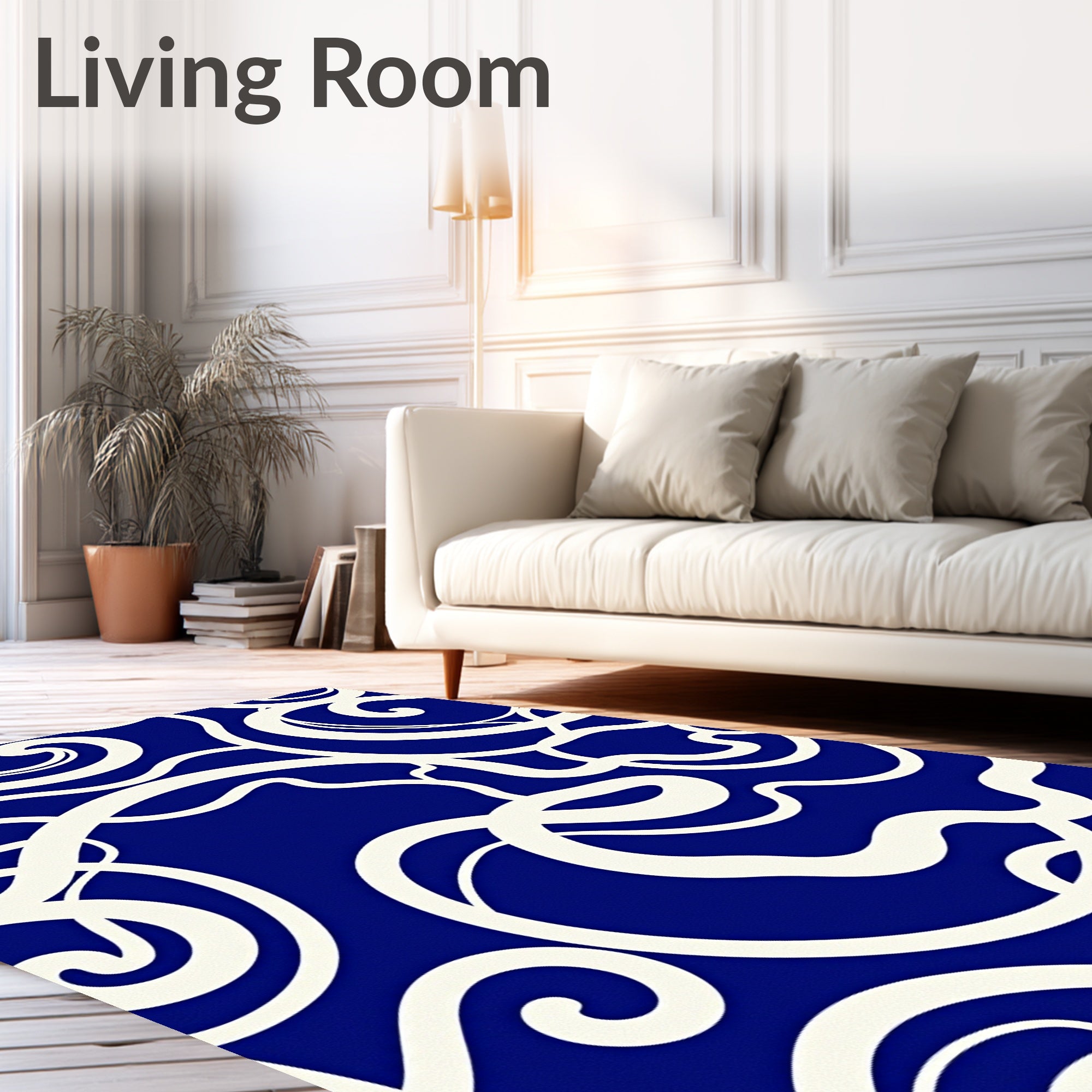 Bold Cream Swirls Deep Blue Pattern Rug