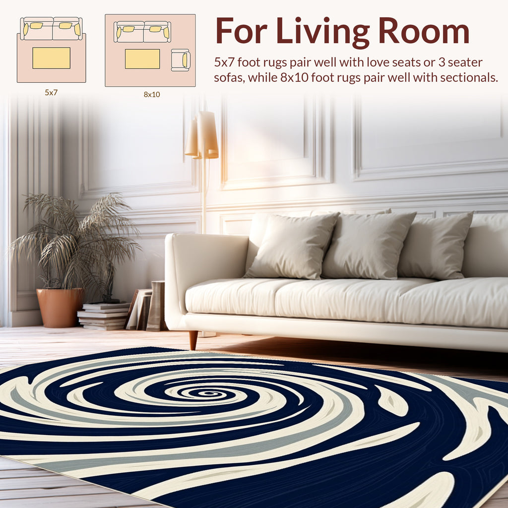 Swirling Dark Navy Cream Gray Pattern Rug