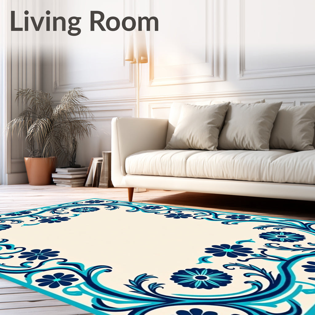 Intricate Blue Floral Vine Pattern Rug