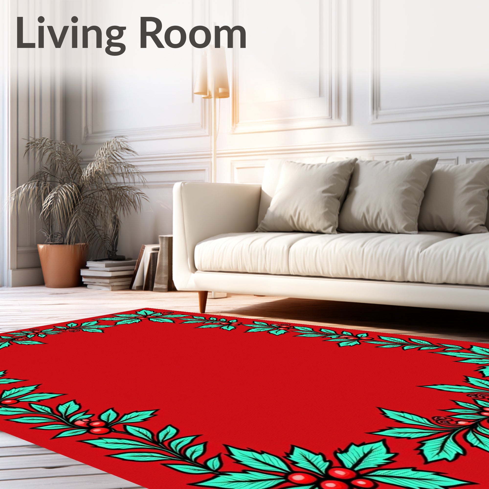 Festive Green Holly Red Berry Frame Rug