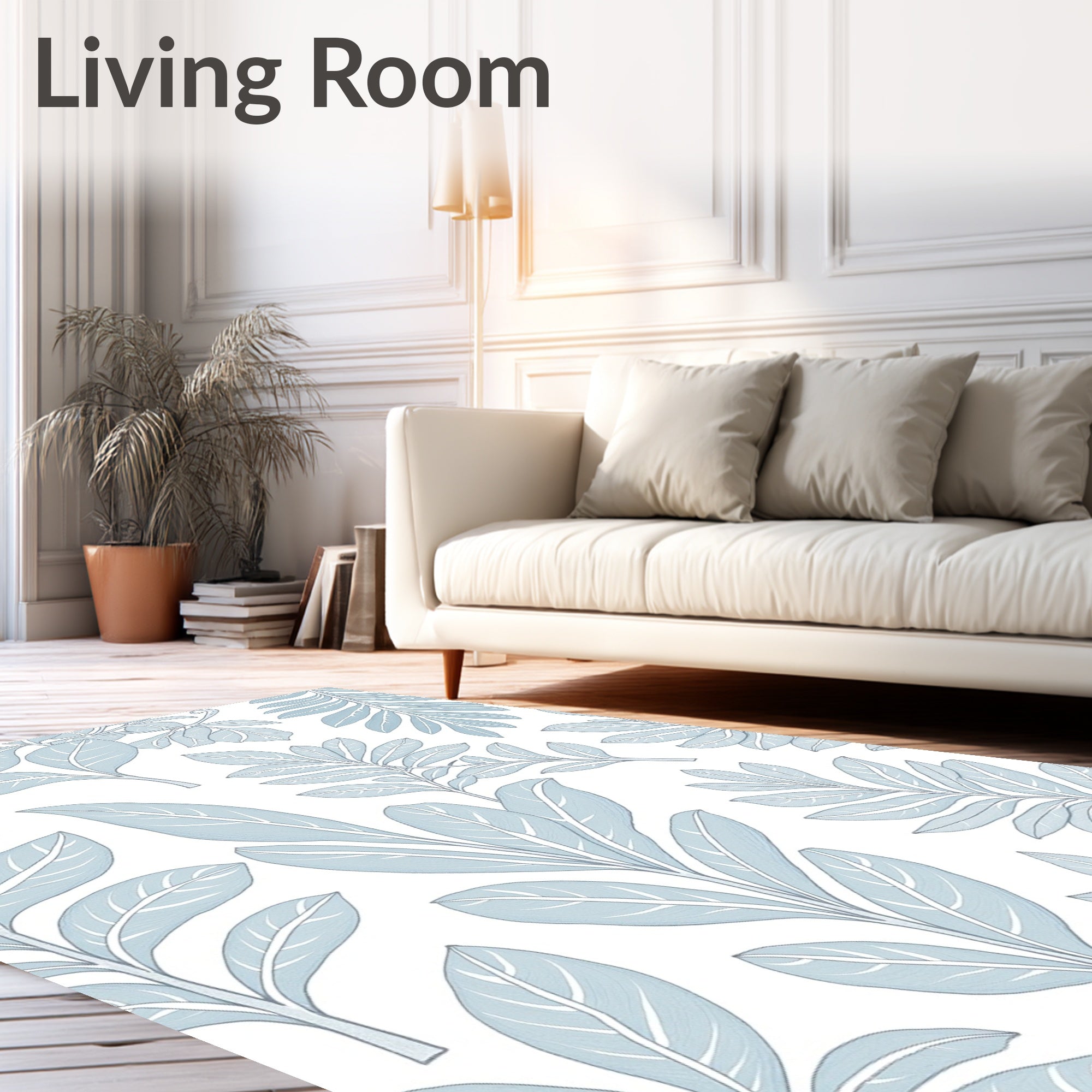 Serene Blue Botanical Leaf Pattern Rug