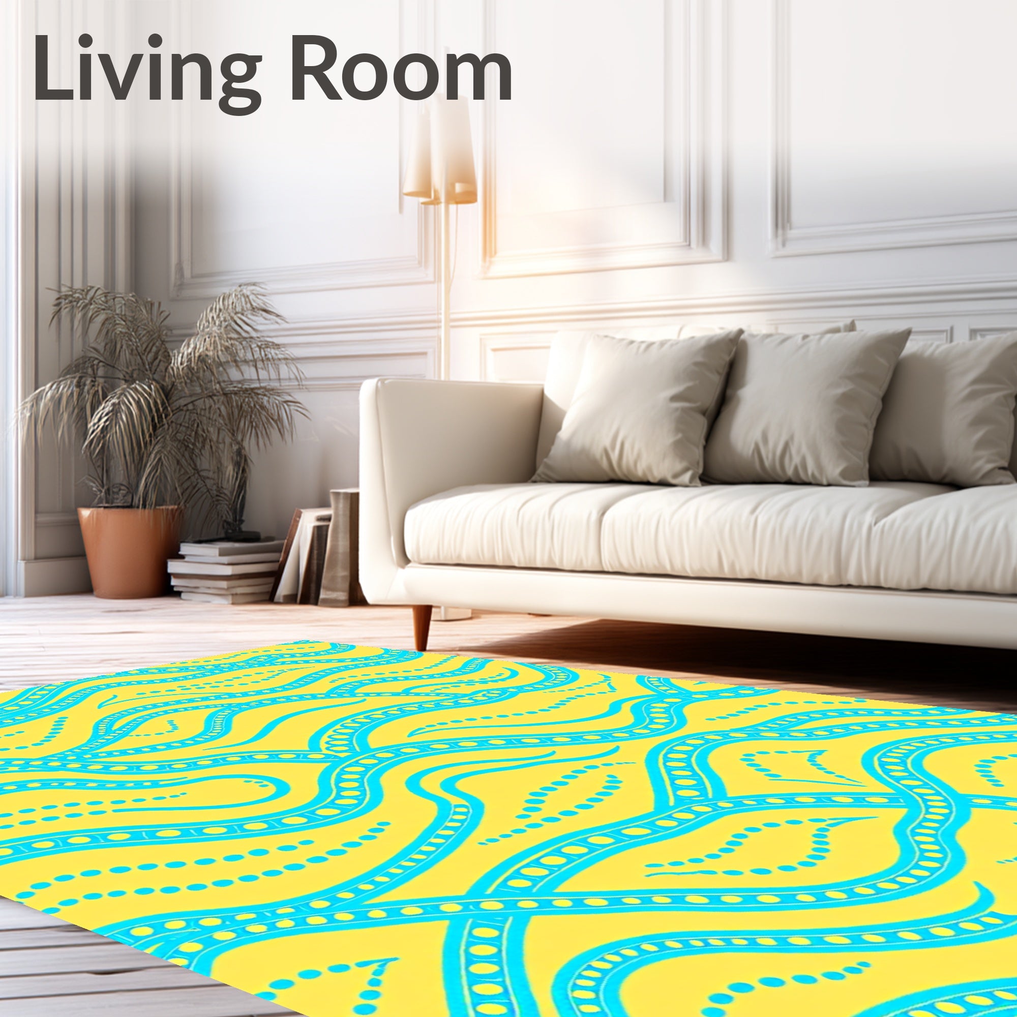 Bright Yellow Aqua Wave Pattern Rug