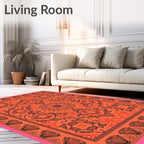 Vibrant Coral Black Floral Mandala Rug