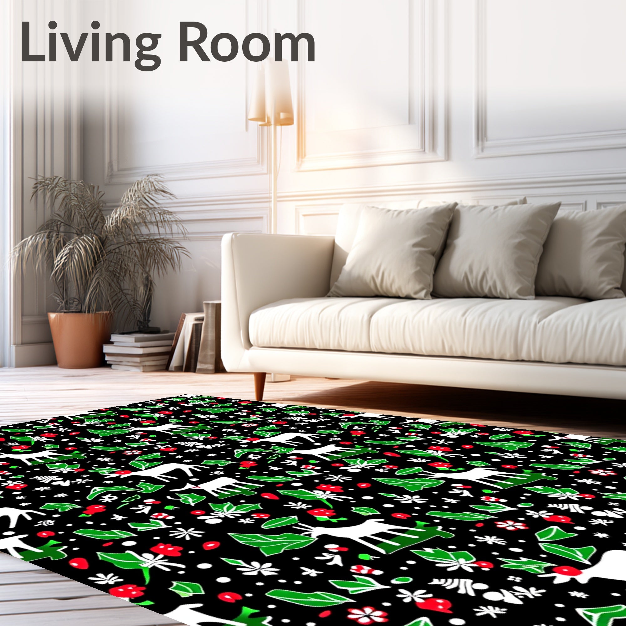 White Deer With Floral Foliage Pattern Rug