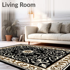 Black Floral Scrollwork Leaf Pattern Rug