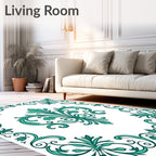 Teal Floral Scroll Border Design Rug